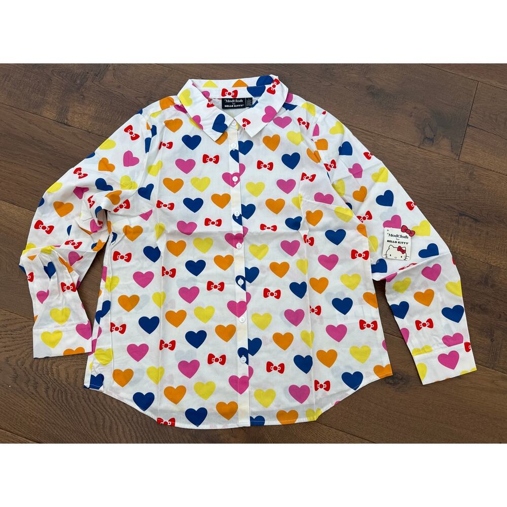 ModCloth x Hello Kitty Supercute Love Button-Up Top White Hearts Womens L NWT